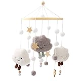 Promise Babe Mobile Baby Windspiele mit Filzbällen Wolken Sterne Mobile Babyzimmer Holz Gehäkelt Mobile Baby Jungen Mädchen Bettglocke Anhänger zum Aufhängen Babybett Kinderbett Wickeltisch Deko Grau