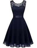 Berylove Damen Spitzenkleid Brautjungfer Elegant Party Knielang Cocktailkleid Chiffon Ärmellos BLP7005NavyS