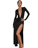 EMOTTOS Damen-Maxikleid mit Tiefem V-Ausschnitt, Sexy Langärmeliges Elegantes Kleid mit Hohem Schlitz, Schmal Geschnittenes Cocktail-Abendkleid für Clubpartys, Schwarz, M