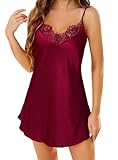 Lovasy Sexy Nachthemd Damen Satin Kurz Babydoll Negligee mit Verstellbaren Spaghettiträger V Ausschnitt Spitze Nachtkleid,Violett Rot,M