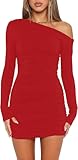 Wenrine Damen Kleider Sexy Schulterfrei Partykleid Langarm Minikleid Rüschen Bodycon Hochzeitsgast Cocktailkleid(Rot, L)