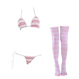 SINROYEE Sexy Dessous-Set für Damen, japanischer Anime-Bikini, Badeanzug, gestreift, mit gestreiften Oberschenkelhohen Socken, Pinker, weit gestreifter Bikini, Einheitsgröße