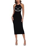 ANYFITTING Damen Paillettenkleid mit Intergriertem BH Figurbetonte Kleider Neckholder Glitzer Kleid Ärmellos Partykleid Sexy Party Cocktailkleid Schwarz L