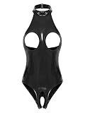Freebily Damen Wetlook Body Brustfrei Latex Catsuit Kleid Ouvert Lackleder Bodysuit Nachtwäsche Pole Dance Outfit Schwarz M
