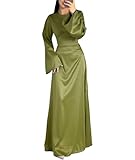 xxxiticat Langes Damen-Slip-Satin-Kleid, langärmelig, Rundhalsausschnitt, Rücken, Schnürung, Bandage, Hochzeit, Party, Maxikleider, Grasgrün, XX-Large