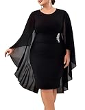 Hanna Nikole Damen Große Größe Chiffon Cape Cocktailkleid Ruched Strass Bleistiftkleid Hüftkleid Schwarz 46