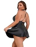 comeondear Lederkleid Damen Schwarz Kleider Wetlook Dessous Set Sexy Große Größen Partykleider Reizwäsche Clubwear V-Ausschnitt Babydoll Schwarz 3XL