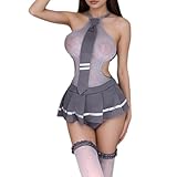 VicSec Schulmädchen Kostüm 4-teilig Cosplay Dessous Uniform für Frauen Roleplay Babydoll Studentenoutfit Mini-Faltenrock Damen Unterwäsche mit Socken Krawatte Halloween Karneval Themenpartys
