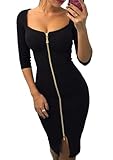 OMZIN Damen Basic 3/4 Ärmel Sexy Bodycon Midi Club Kleid Einfarbig Reißverschluss Front Kleider Schwarz XL