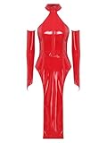Vxuxlje Damen Lederkleid Latex Bodycon Kleid Mit Abnehmbaren Ärmeln Wetlook Kleidung Rave Party Clubwear Nachtclub Outfit Rot M
