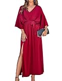 ZIYYOOHY Damen Cocktailkleid Elegant Satin Party Lang Kleider Lose 3/4 Fledermausärmel V-Ausschnitt Hochzeit Abendkleider mit Gürtel(6018 WR M)