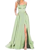 HAHAEMMA Damen Elegant Lange Ballkleider mit Taschen Satin A-Linie Backless Hochzeitskleid Abendkleider Sexy Neckholder Spaghetti Brautkleid Kleider Lang Prinzessin Brautjungfer Kleid (LG-3XL)