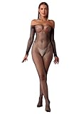 Bommi Fairy Damen Sexy Fischnetz Mesh Bodystockings Ein Stück Bodysuit Teddy Dessous Schulterfrei Outfit Jumpsuit Unterwäsche (Schwarz)