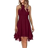hemdblusenkleid Kleid Langarm Damen hochzeitskleider für gäste Damen Rock Einfarbig Chiffon Neckholder Ärmelloses Kurz Kleid Sommerkleid mädchen Boho Style (Wein, M)