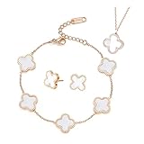 TOFBS Vierblättriges Kleeblatt Schmuckset für Damen und Mädchen 18K Roségold Plattiert Edelstahl Zweiseitig Weiß Schwarz Anhänger Halskette Ohrstecker Armband Emaille Schmuck Set (Weiß)