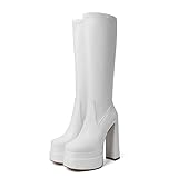 Meinabsatz Plateau Stiefel Blockabsatz Langschaft Kniehohe Damenstiefel High Heels Boots Karree Spitze Glattoptik Weiß 37 EU