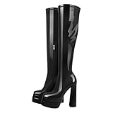 Meinabsatz Damen Plateau Stiefel Blockabsatz Eckige Kniestiefel High Heels Knee Stretch Boots mit Reißverschluss Lackleder Schwarz 43 EU