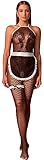 Bommi Fairy Damen Sexy Halter Bodystocking Cosplay French Maid Outfit Schürze Kostüm Set Spitze Trimmen Party Wear Geschenk (Schwarz)