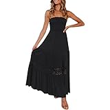 Strandkleid Damen Sommer - Bandeau Kleid Lang Schulterfreies Sommerkleid Sexy Trägerlos Off Shoulder Rückenfrei Spitzenbesatz Maxikleid Swing A Line Langes Kleider Boho Kleid Partykleid