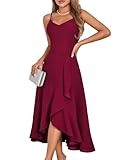 DRESSTELLS Cocktailkleid Damen Festlich Träger Hochtief Kleider für Hochzeit Knielang Rüschensaum Sommerkleid Rückenfrei Curvy Elegantes Partykleid Burgundy L