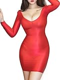 HTRUIYATY Damen ölig Glänzend Bodystocking Durchsichtiges Kleid Bodysuit Niedriger Ausschnitt Catsuit Dessous ReizwäSche Rot