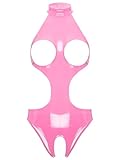 Freebily Damen Wetlook Body Brustfrei Latex Catsuit Kleid Ouvert Lackleder Bodysuit Nachtwäsche Pole Dance Nachtclub Outfit Rosa XL