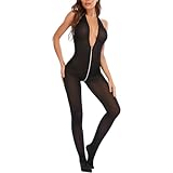 PARUPRUP Damen Sexy Neckholder Bodystocking Front Reißverschluss Bodysuit V-Ausschnitt Teddy Dessous Transparent Jumpsuit Netzstoff Einteilige Strumpfhose Elastisch Reizwäsche Durchsichtig Nachtwäsche