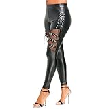 Celanisai Damen Wetlook Hose Glanz Punk Gothic Leggings Fischnetz-Spleiß Leder Hose Tights Treggings mit Schnallen Schnürung Gothic Steampunk Vintgae Pants Slim Fit Skinny Lederhose