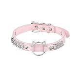 Schwarzes O-Ring-Halsband für Damen, rosafarbenes veganes Leder, Choker-Halskette mit Katzenförmigem Ring und Strass-Buchstaben, Kunstleder, Kein Edelstein (GOOD, Rosa)