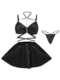 EVELIFE Damen Sexy Lederkleid Set, Neckholder Metallkette Push Up BH, Wetlook Dessous Unterwäsche Curvy Elegant Kunstleder Party Rave Club Outfit Minikleid Unterwäsche Frauen(Schwarz, L)