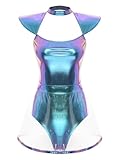 CHICTRY Alien Kostüm Damen Sexy Metallic Glitzer Body Fliegenärmel Overall Cut Out Jumpsuit Kurz Trikot Mit Transarent Rock Cosplay Verkleidung Blau M