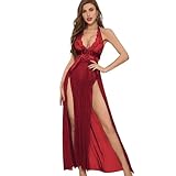 QeeFop Damen Dessous V-Ausschnitt Spitze Strapsen Kleid Bodysuit Longe Nachtwäsche Seitlich Geschlitztes Negligee Unterwäsche Langer Rock mit Tanga