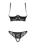 Obsessive. Frauen Dessous Spitzen Reizwäsche Set aus Unterbrust BH mit gepolsterten Cups und ouvert String in Schwarz teiltransparent Schleifen Schwarz teiltransparent Größe: S/M