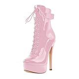 MissHeel Plateau Stiefeletten Schnürstiefel mit Absatz Stilettos Boot High Heels Damenschuhe Pink EU 41