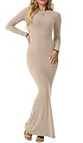 IWOLLENCE Bodycon Kleid Damen Langarm Maxi Dress Elegantes Figurbetontes Geripptes Kleid Rundhals Langes Enges Kleid Sexy Damen Maxikleid (Khaki, XL)