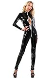 MISS NOIR Damen Vinyl Overall im Wetlook S-3XL mit 4-Wege-Reißverschluss Sexy Jumpsuit Catsuit Exklusives Clubwear, Schwarz (112VI-BK), XL