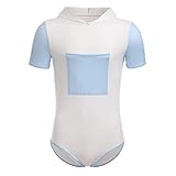 ABDL Body Männer Herren Overall Kapuze Hoodie Bodysuit Kurzarm T-Shirt Unterhemd Ouvert Body Sportbody Druckknöpfe im Schritt Einteiler Jumpsuit Playsuit Unterwäsche Nachthemd Hellblau Gestreift 2XL