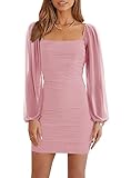 Wenrine Damen Kleider Party Cocktail Club Bodycon Kleid Hochzeitsgast Mesh Langarm Square Neck Minikleid Slim Fit(Rosa,S)