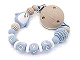 Nuckelkette mit Namen für Junge & Mädchen | Personalisierte Nuckelkette mit Wunschnamen Pinguin (blau)