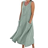 TRIGLICOLEUM Ärmellos Baumwoll Leinen Tankkleid Damen Sommerkleid Gestreifte Strandkleid Lose Rundhals Maxikleid A-Linie Kleider Große Größen Langes Kleid Freizeitkleid mit Taschen, #07 Grün, 5XL