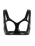 iEFiEL Herren Wetlook Crop Top Bauchfrei Hemd Brustfrei BH Bra Bustier Lackleder Top Ärmellose Trägerhemd Linegerie Schwarz 3XL