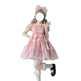 Cuteighteen Süßes Lolita Kleid Teens Kawaii Puffärmel Spitze Tiered Rüschen Prinzessin Japanische Anime Cosplay Party Kleider (Rosa)