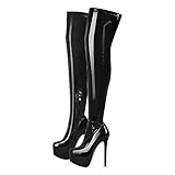blingqueen Damen Plateau Stiefel Stretch Overknee Boots Stiletto Lack Schwarz 42 EU
