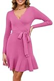 Arach&Cloz Strickkleid Damen V Ausschnitt Herbstkleid Winterkleid Pulloverkleid Herbst Winter Party Kleider (Pink,Large)