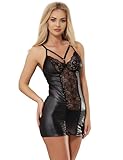 comeondear Lederkleid Damen Spitze Kleider Sexy Partykleid Wetlook Minikleid Kunstleder Dessous Set mit G-String Tanga Clubwear Große Größen Reizwäsche Schwarz S