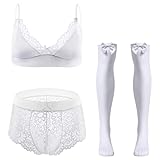 FYMNSI Herren Sissy Dessous Männer Unterwäsche Set Crossdresser Transparent Spitzen BH Top String Tanga Slip mit Lange Strümpfe 3tlg Reizwäsche Erotik Unterhose Nachthemden Negligee Weiß XL