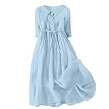 Hemdblusenkleid Damen Sommer Urlaub Kleid Hemdkleid mit 1/2 Ärmel Im Retro Stil Blusenkleid Knielang Plissierten Damenkleider Locker Rundhals Strandkleid Streifenkleid Elegant Cocktailkleid mit Gürtel