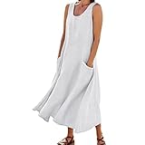 Sommerkleid Damen Leicht und Luftig Leinen Kleid Damen Lang Sommer Ärmellos Midi Casual Einfarbig Tshirt Swing Kleider mit Taschen Baumwolle Leinen Midikleid A-Linie-Kleid