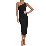 RPAEOY Kleider Damen One Shoulder Sexy Bodycon Cocktail Enger Partykleid mit Schlitz Midikleid Elegant Hohe Taille Festlich Party (Schwarz,XL)