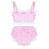 Aislor Herren Dessous Set Satin Unterwäsche Set BH Bustier und String Tanga Sissy Reizwäsche Nachtwäsche Crossdresser Kleidung M-XXL Rosa A L